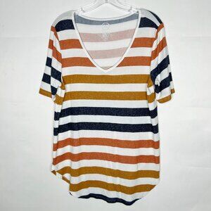 Maurices Woman’s Top sz Lg 24/7 Gray Orange Rust Stripe V-Neck Short Sleeves